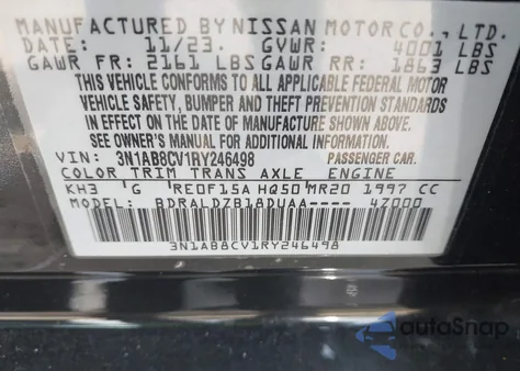 2024 Nissan Sentra Sv Xtronic Cvt from USA, damaged, VIN 3N1AB8CV1RY246498